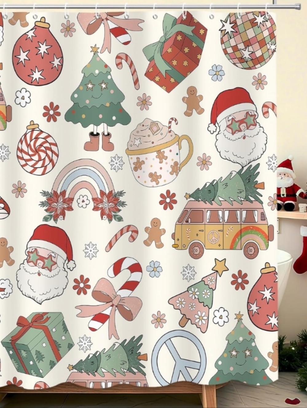 Holiday Shower Curtain Cream Background with Colorful Festive Graphics 72x72